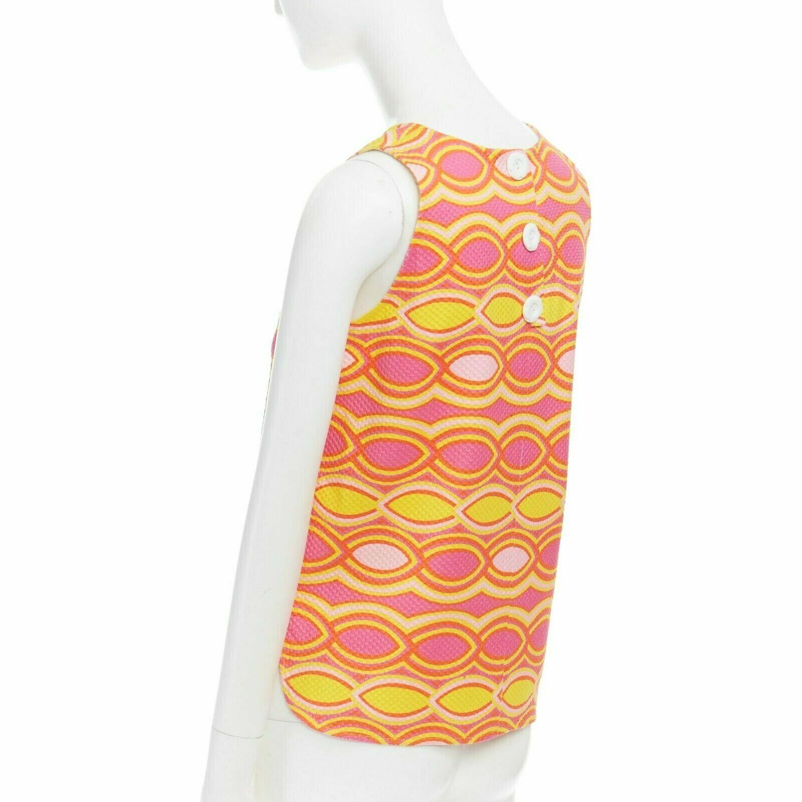 Women's LISA PERRY 60s mod con pink yellow geometric print textured cotton top US2 UK6 S