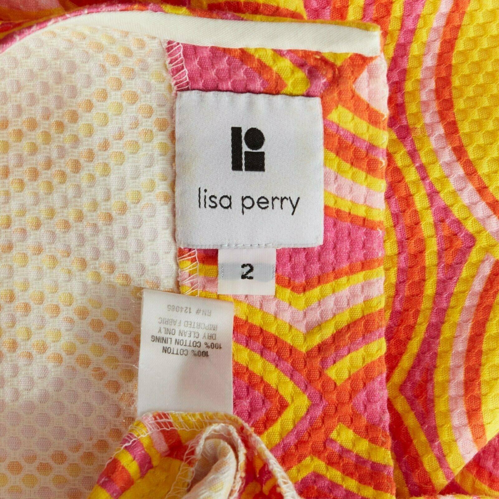 LISA PERRY 60s mod con pink yellow geometric print textured cotton top US2 UK6 S 2