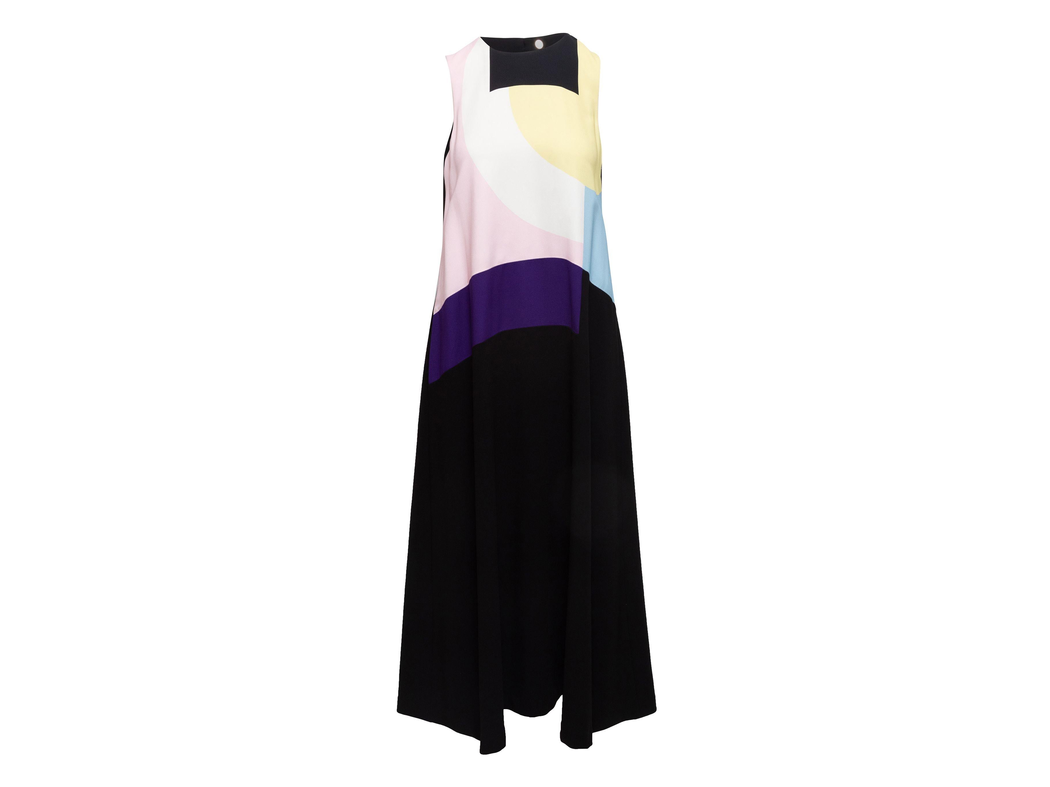 Product Details: Black and multicolor color block sleeveless maxi dress by Lisa Perry. Crew neckline. Closures at back. 36