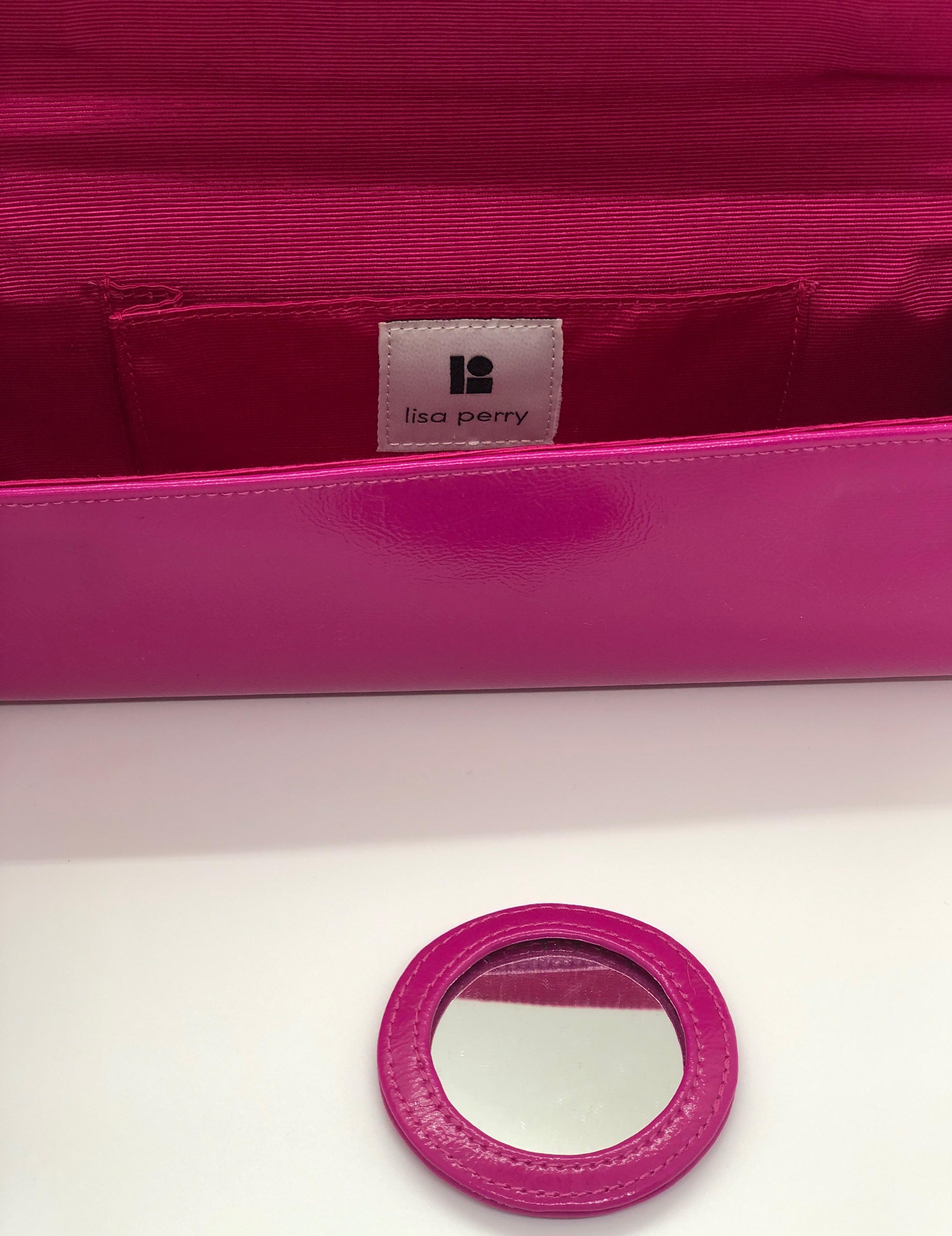 Lisa Perry Mod Fuchsia Pink Patent Leather Clutch Handbag w/ Magnetic Closure  10