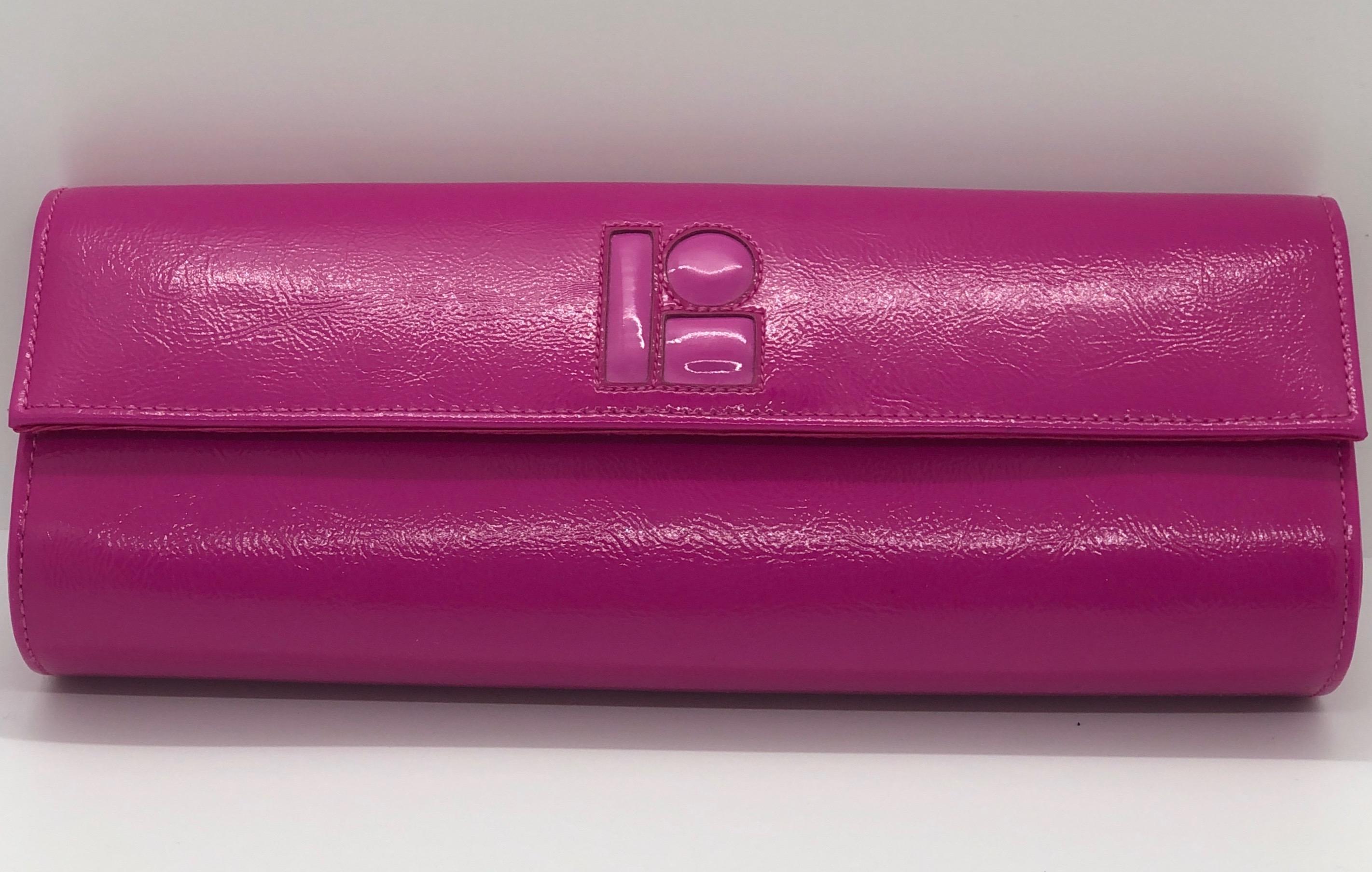 Women's Lisa Perry Mod Fuchsia Pink Patent Leather Clutch Handbag w/ Magnetic Closure 