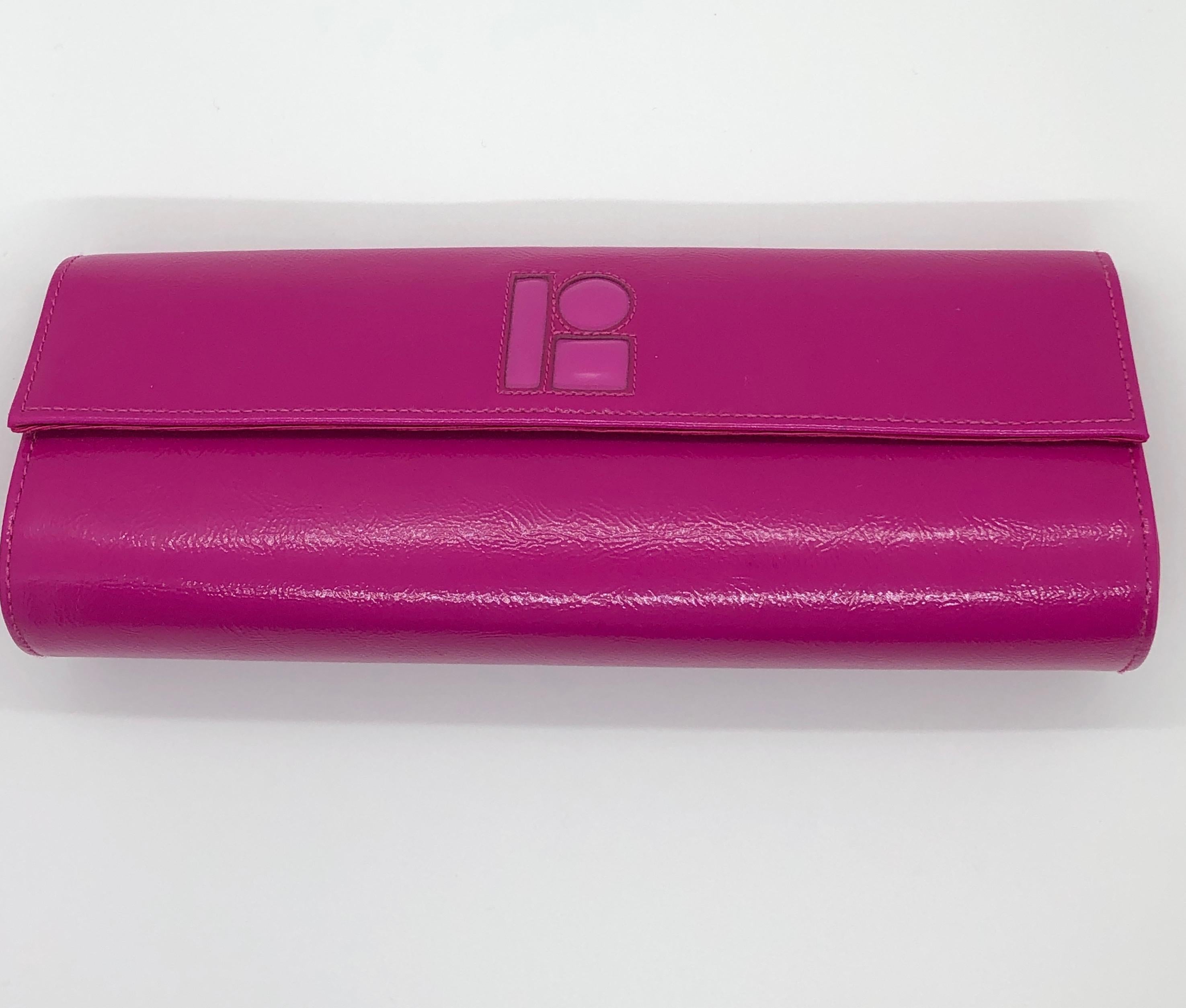 Lisa Perry Mod Fuchsia Pink Patent Leather Clutch Handbag w/ Magnetic Closure  2