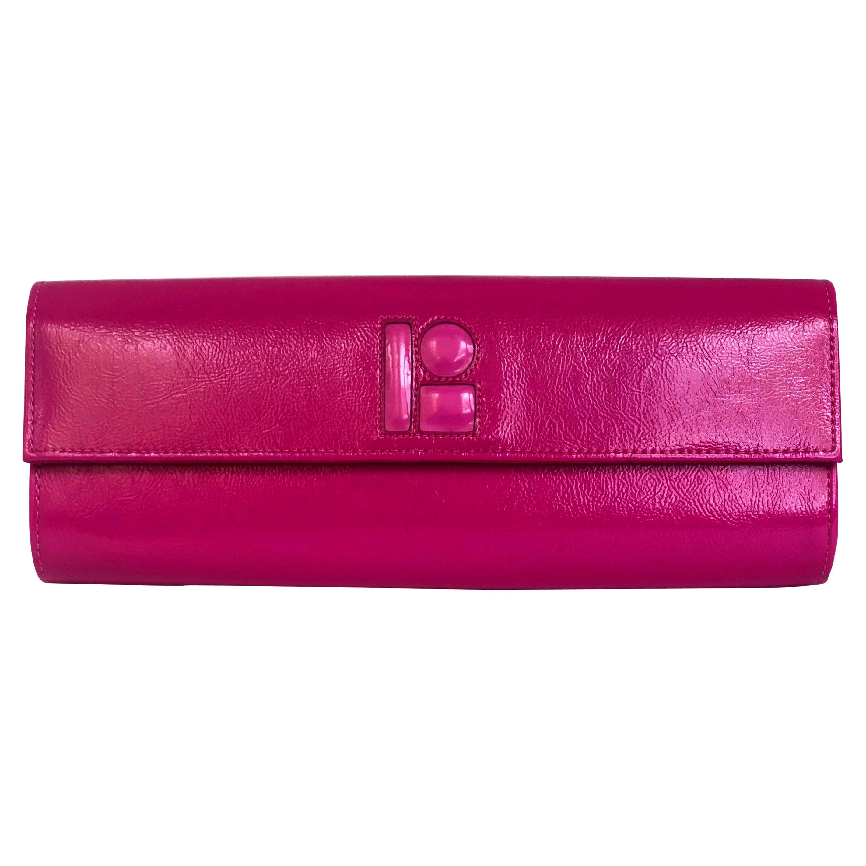 Lisa Perry Mod Fuchsia Pink Patent Leather Clutch Handbag w/ Magnetic Closure 