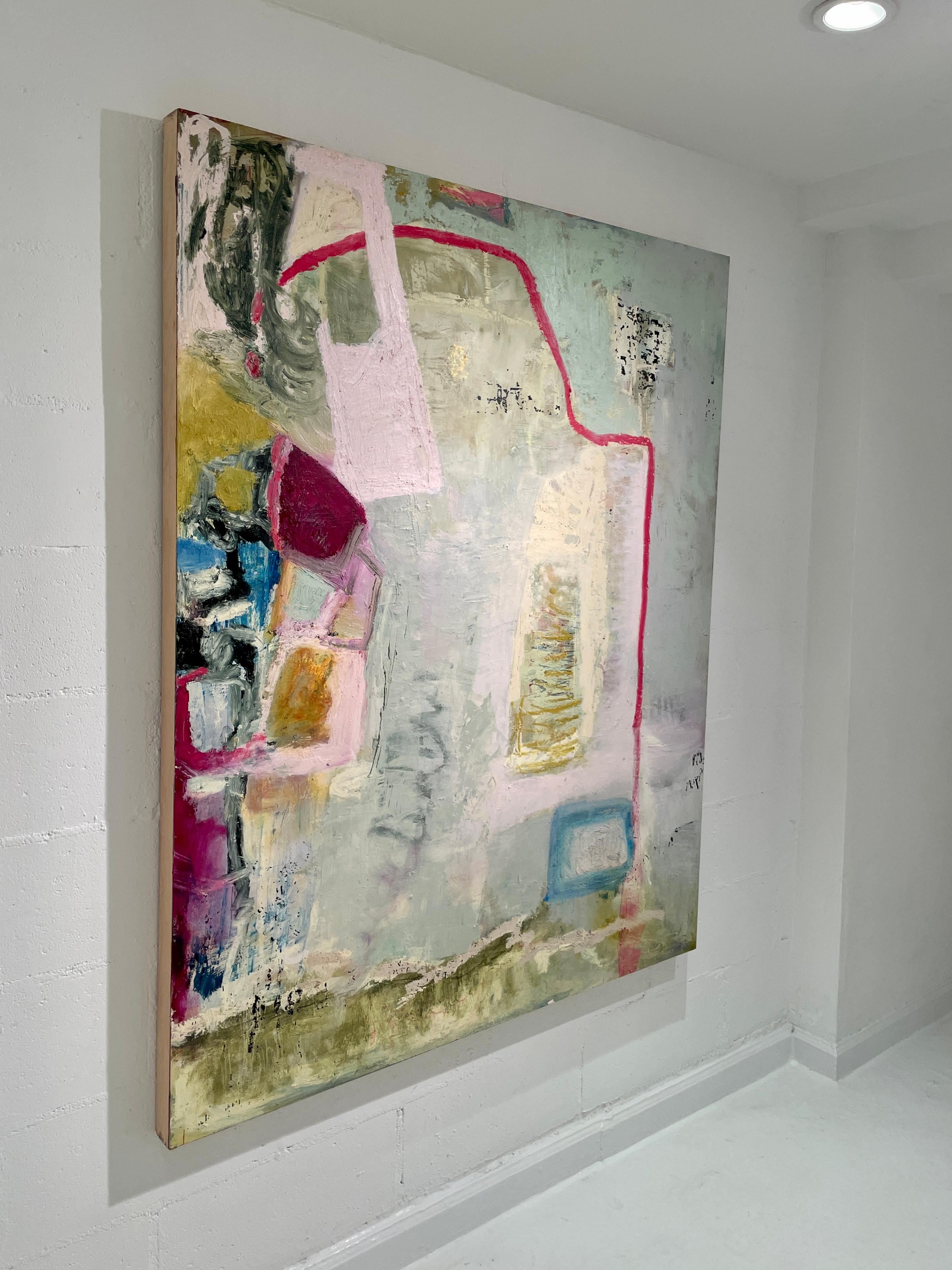 Another Place (Olio su pannello, astratto, pastello, rosa, forme, texture) - Painting di Lisa Pressman