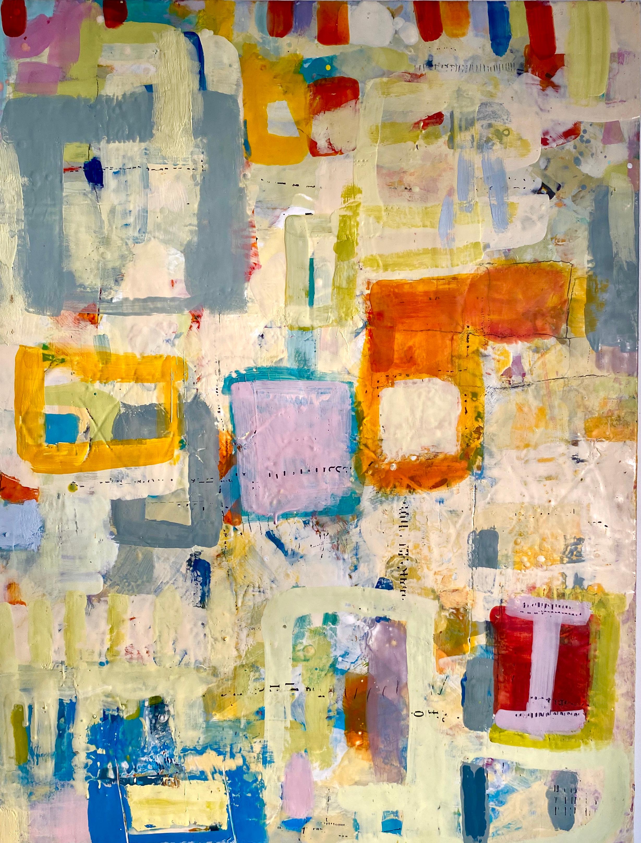 April, bright mulitcolored abstract encaustic painting on board