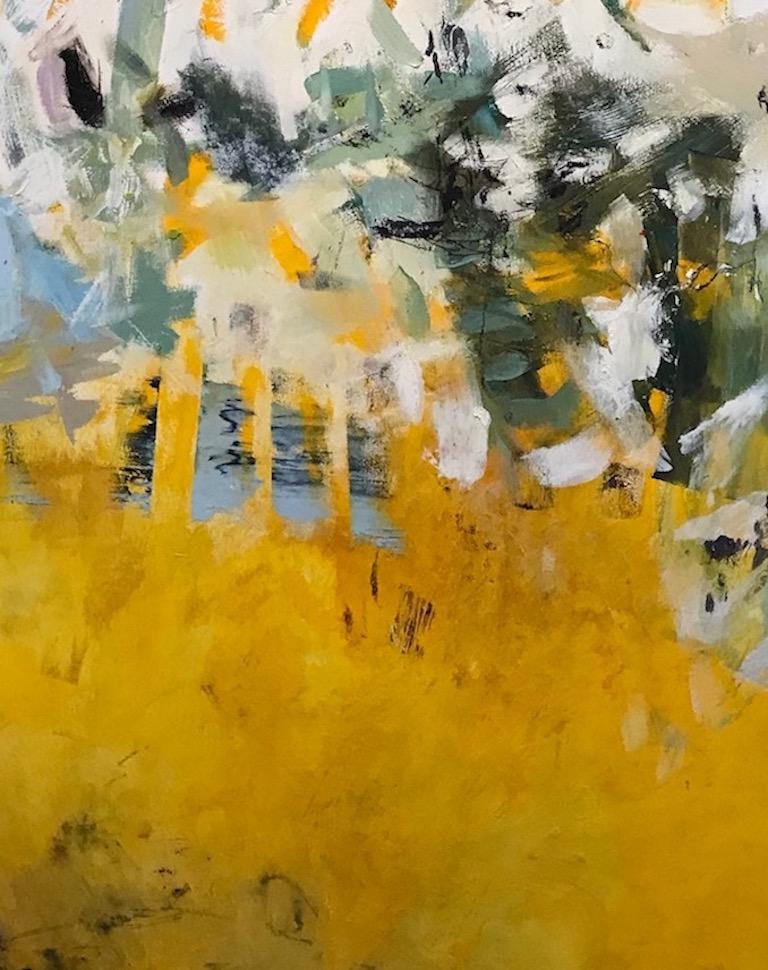 Darkest Days 1, yellow, blue and green abstract oil painting on board - Painting by Lisa Pressman