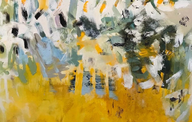 Darkest Days 1, yellow, blue and green abstract oil painting on board - Contemporary Painting by Lisa Pressman