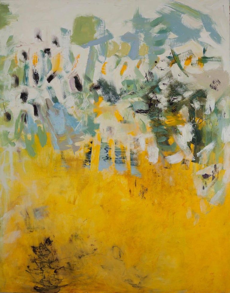 Lisa Pressman Abstract Painting - Darkest Days 1, yellow, blue and green abstract oil painting on board
