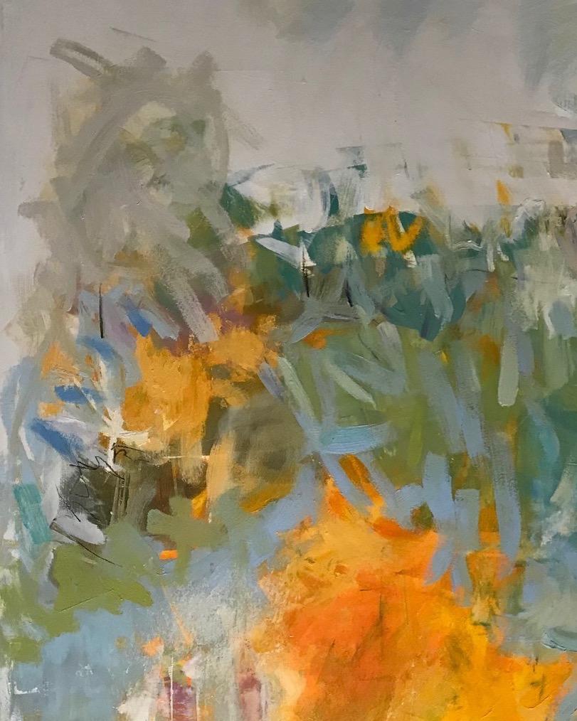 Darkest Days 3, yellow, blue and green abstract oil painting on board - Painting by Lisa Pressman