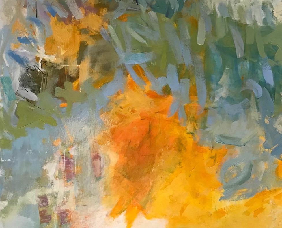 Darkest Days 3, yellow, blue and green abstract oil painting on board - Contemporary Painting by Lisa Pressman