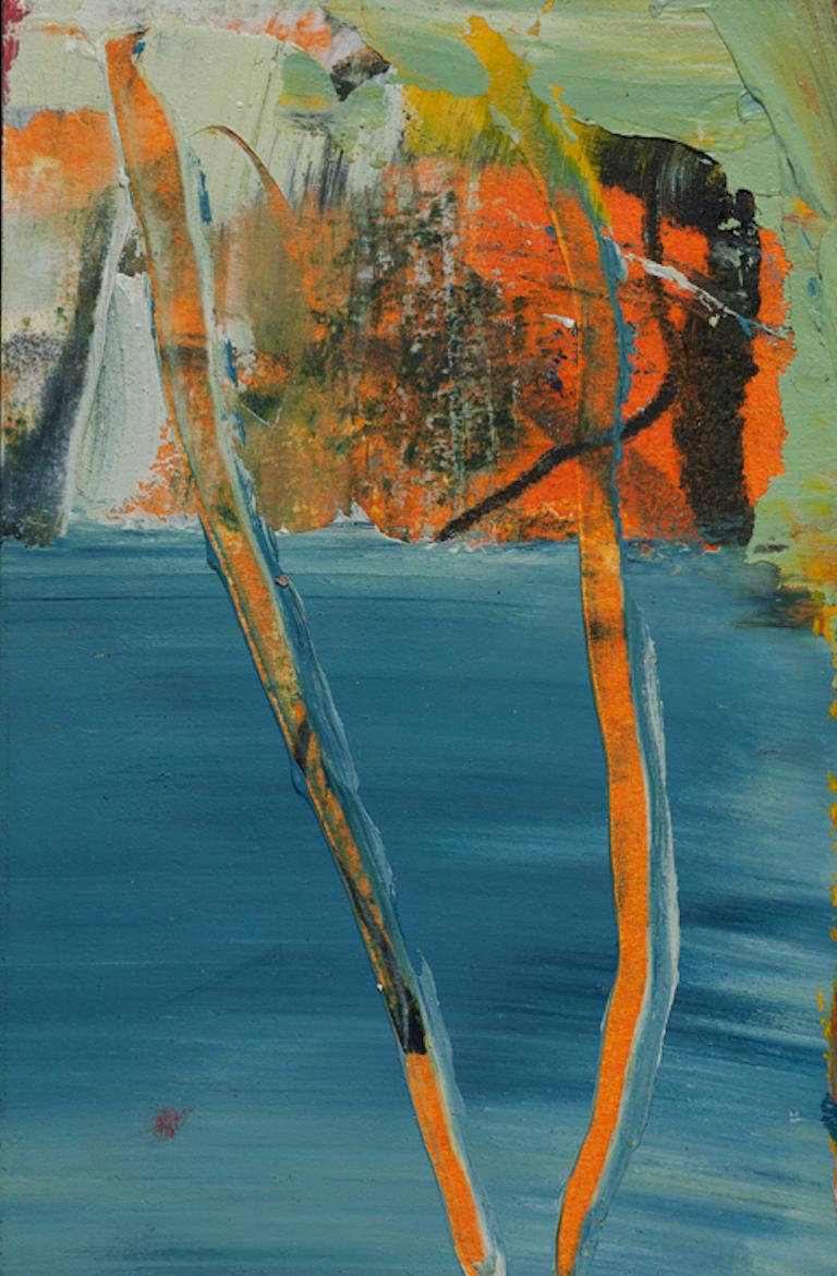 Lisa Pressman Abstract Drawing - Day Series 69, small oil painting on paper, blue and orange