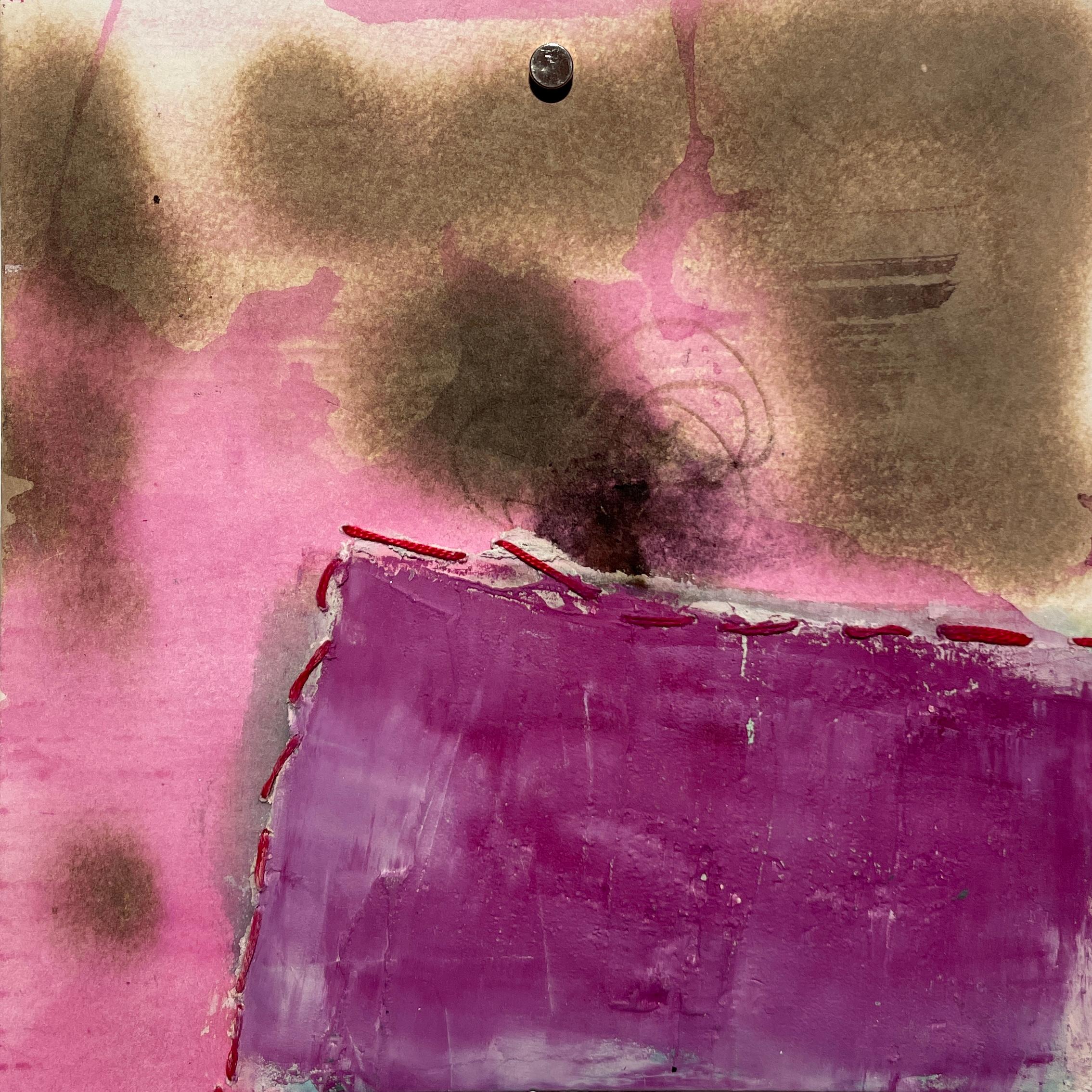 Abstract Painting di Lisa Pressman - Explorations 18 (astratto, tecnica mista su carta, luminoso,  colori neutri, rosa)