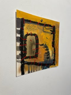 Explorations 20 (abstract, mixed media on paper, dark, neutral colors, red)