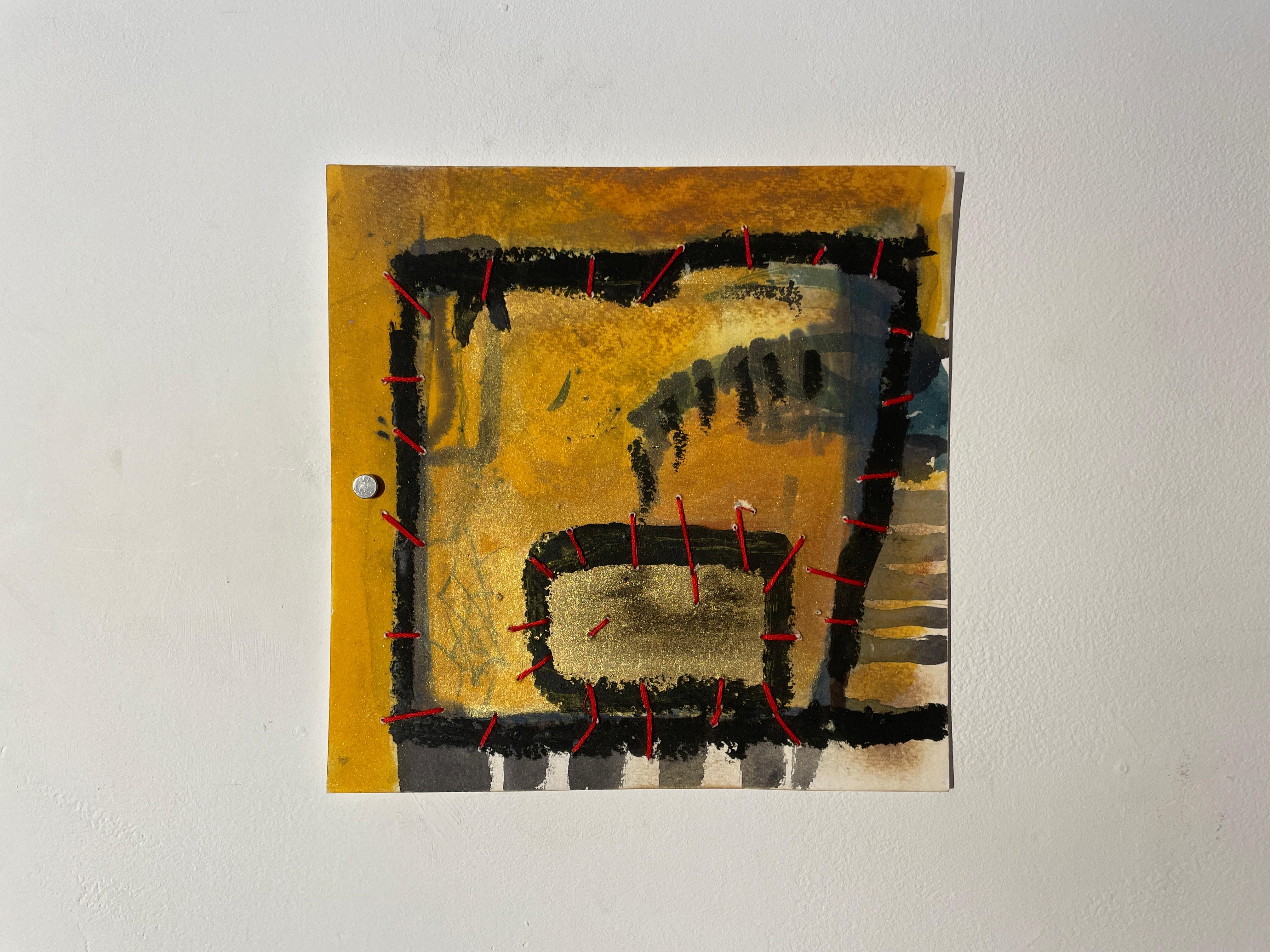 Exploraciones 20 (abstracto, técnica mixta sobre papel, colores oscuros y neutros, rojo) - Painting Contemporáneo de Lisa Pressman