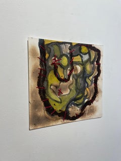 Explorations 21 (abstract, mixed media on paper, dark, neutral colors, red)