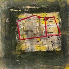 Explorations 4 (abstract, mixed media on paper, dark, neutral colors, red)