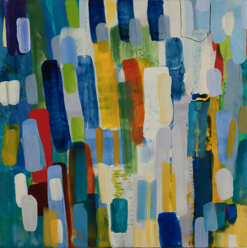 Lisa Pressman Abstract Painting - Hidden Spaces.  Colorful encaustic work, 24 x 24 inches
