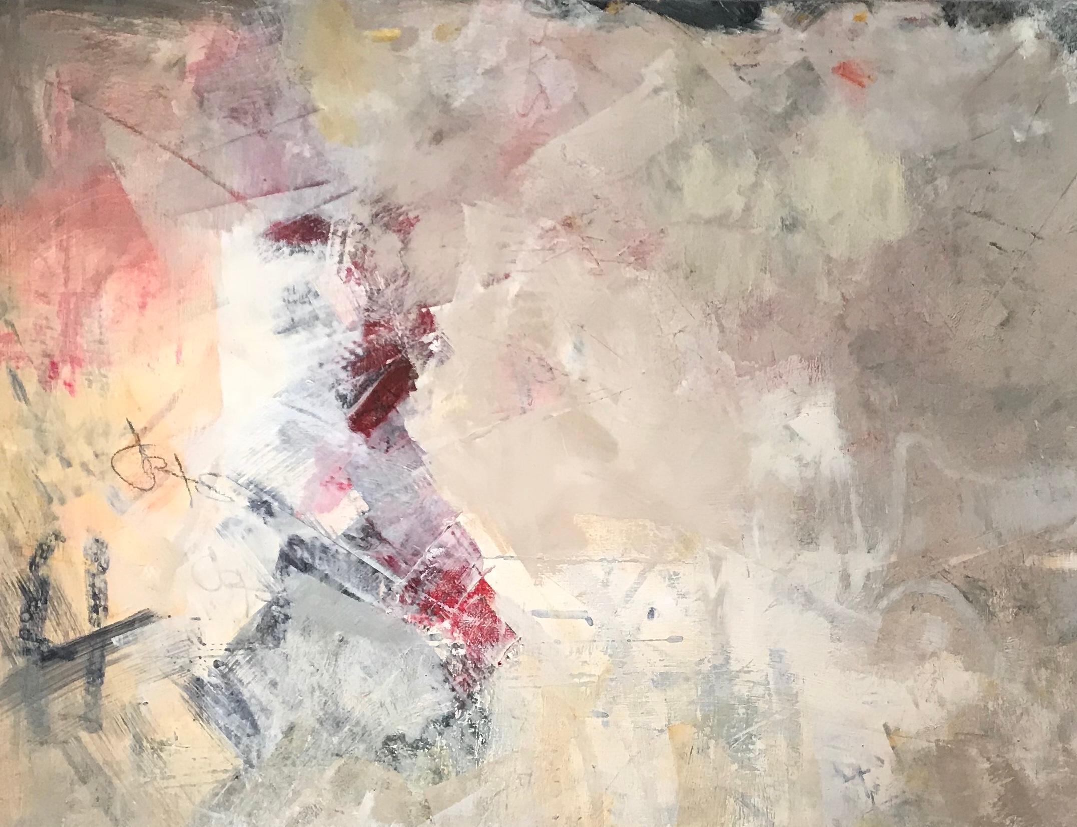 Making It Stop 2, neutral grey abstract oil painting on board - Painting by Lisa Pressman