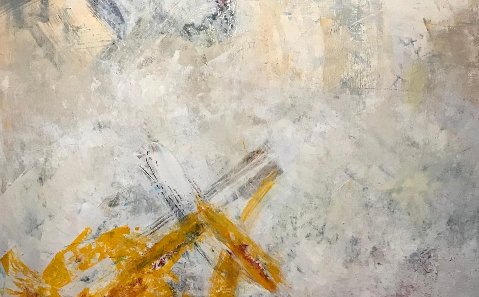 Making It Stop 2, neutral grey abstract oil painting on board - Contemporary Painting by Lisa Pressman