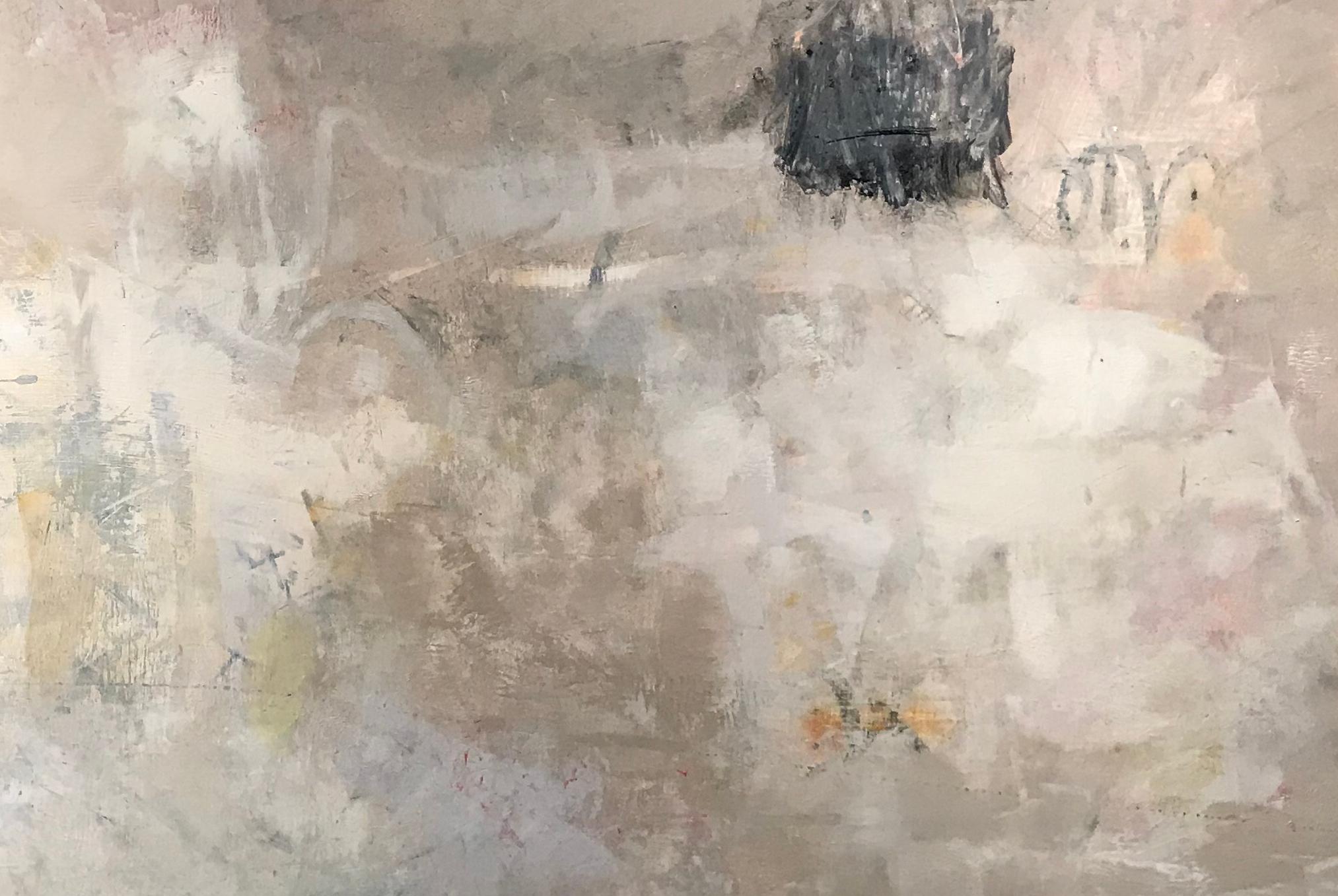 Making It Stop 2, neutral grey abstract oil painting on board - Beige Abstract Painting by Lisa Pressman