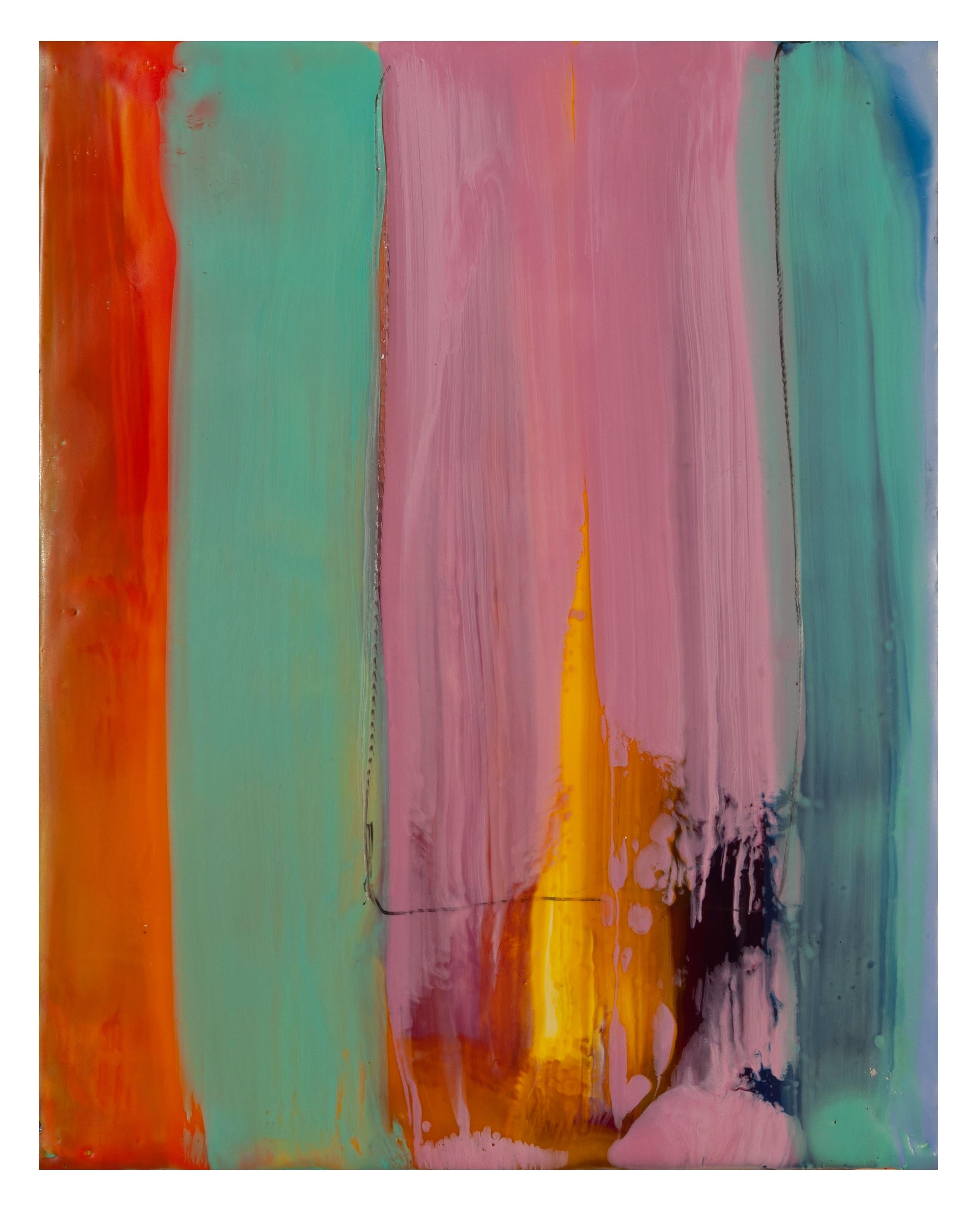 Abstract Painting di Lisa Pressman - Meditazioni 4 (encausto su pannello, astratto, righe, marrone, rosa, luminoso)