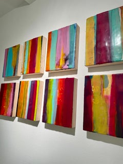 Meditationen 5  (encaustic auf Tafel, abstrakt, Streifen, maroon, teal, leuchtend)