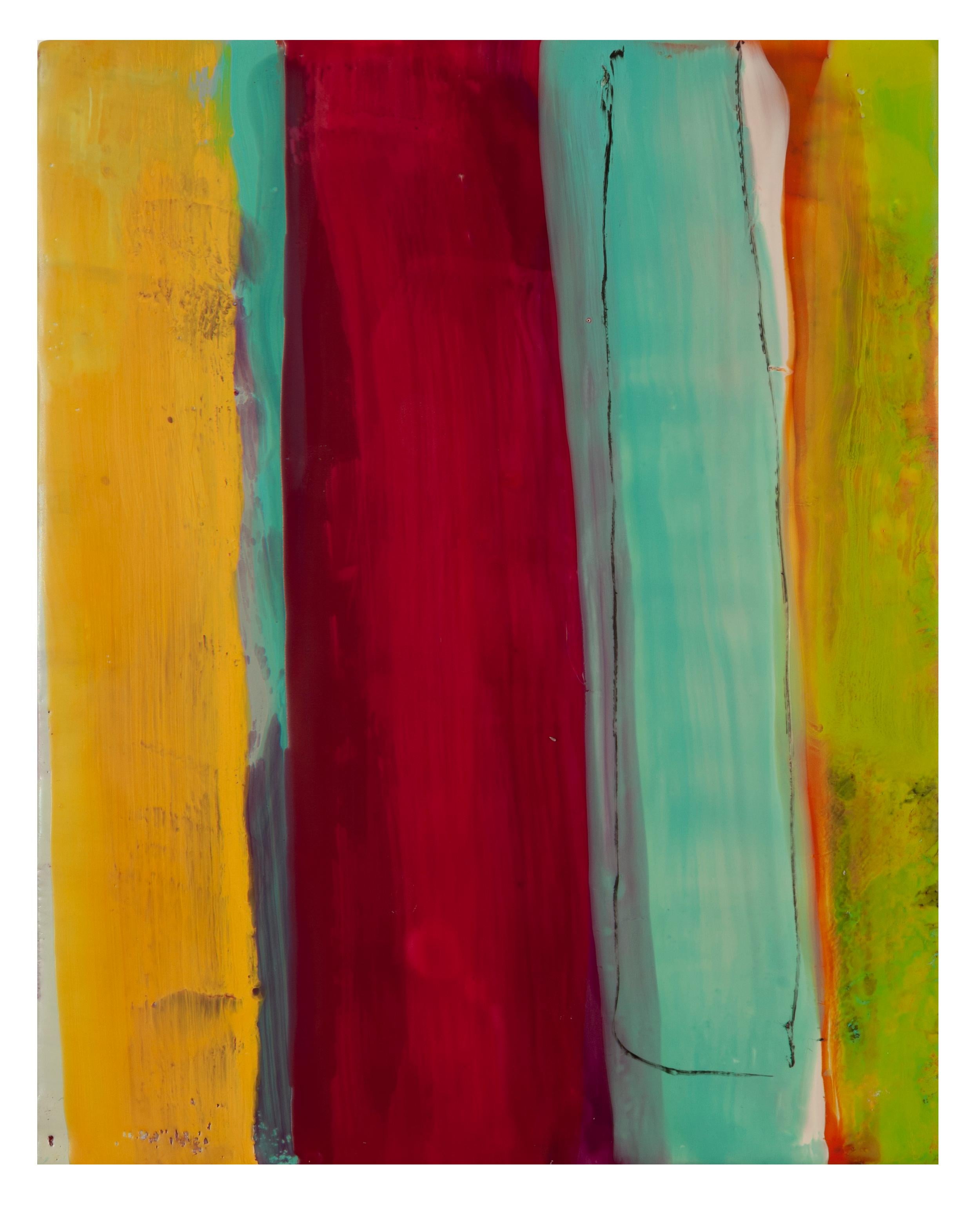 Abstract Painting di Lisa Pressman - Meditazioni 5  (encausto su pannello, astratto, strisce, marrone, verde acqua, luminoso)
