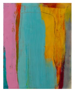 Meditazioni 6 (encausto su pannello, astratto, strisce, marrone, rosa, giallo)