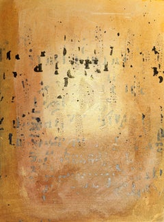 Messages #13,  mixed media abstract painting on paper, gold earth tones