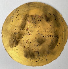 Messages #47, Mixed media on board, gold earth tones, round painting