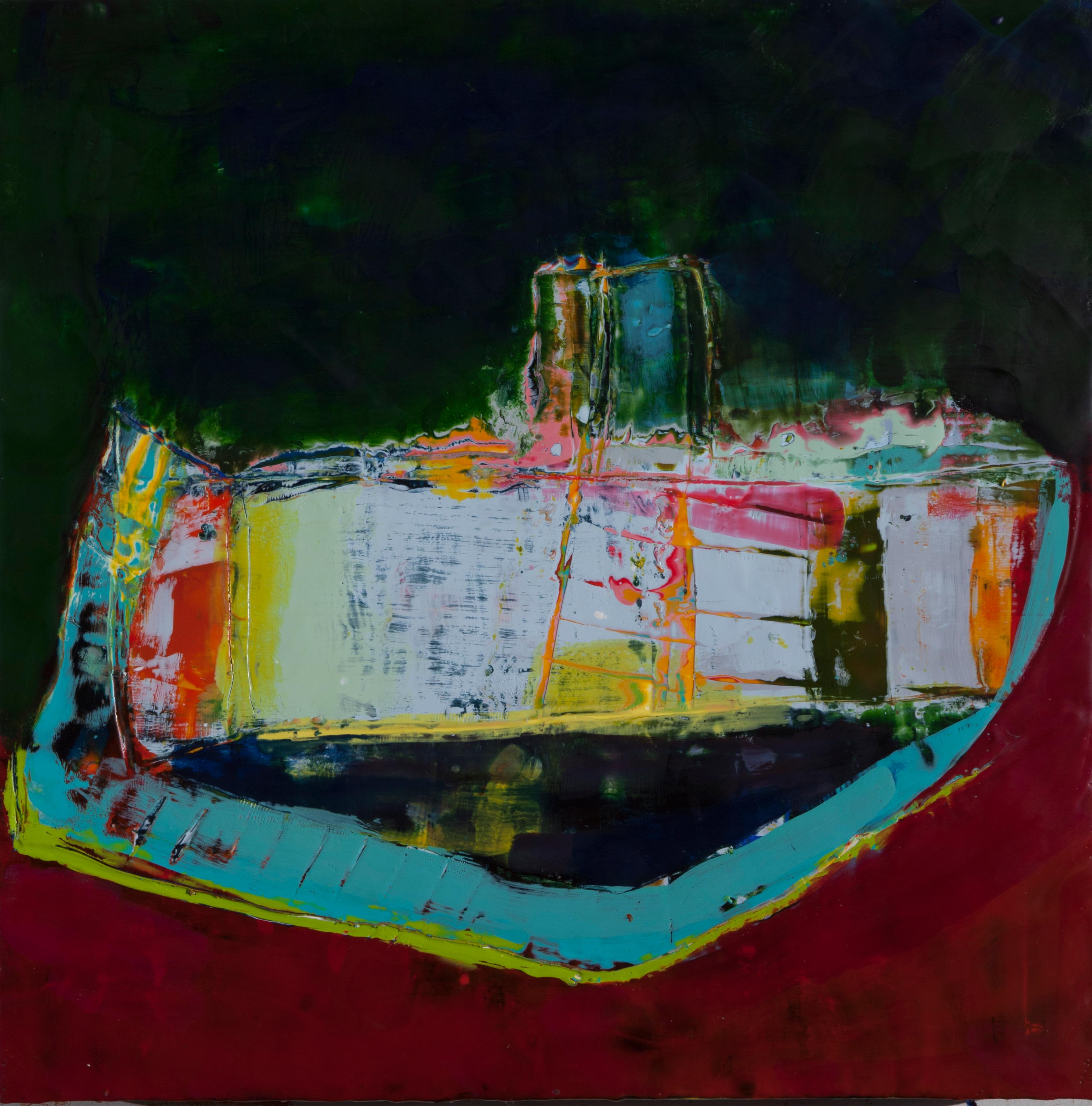 Lisa Pressman Abstract Painting - Moored, green and red encaustic work, 24 x 24 inches