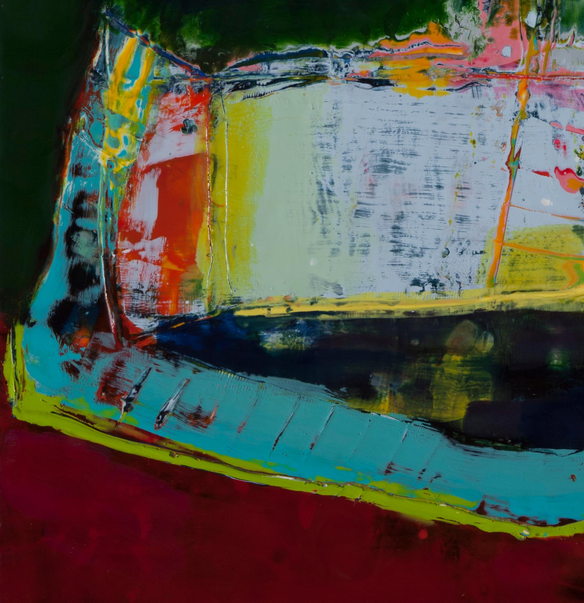 Moored, green and red encaustic work, 24 x 24 inches - Contemporary Painting by Lisa Pressman