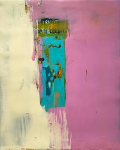 Navigating 13, pink, tan and blue abstract encaustic painting on board