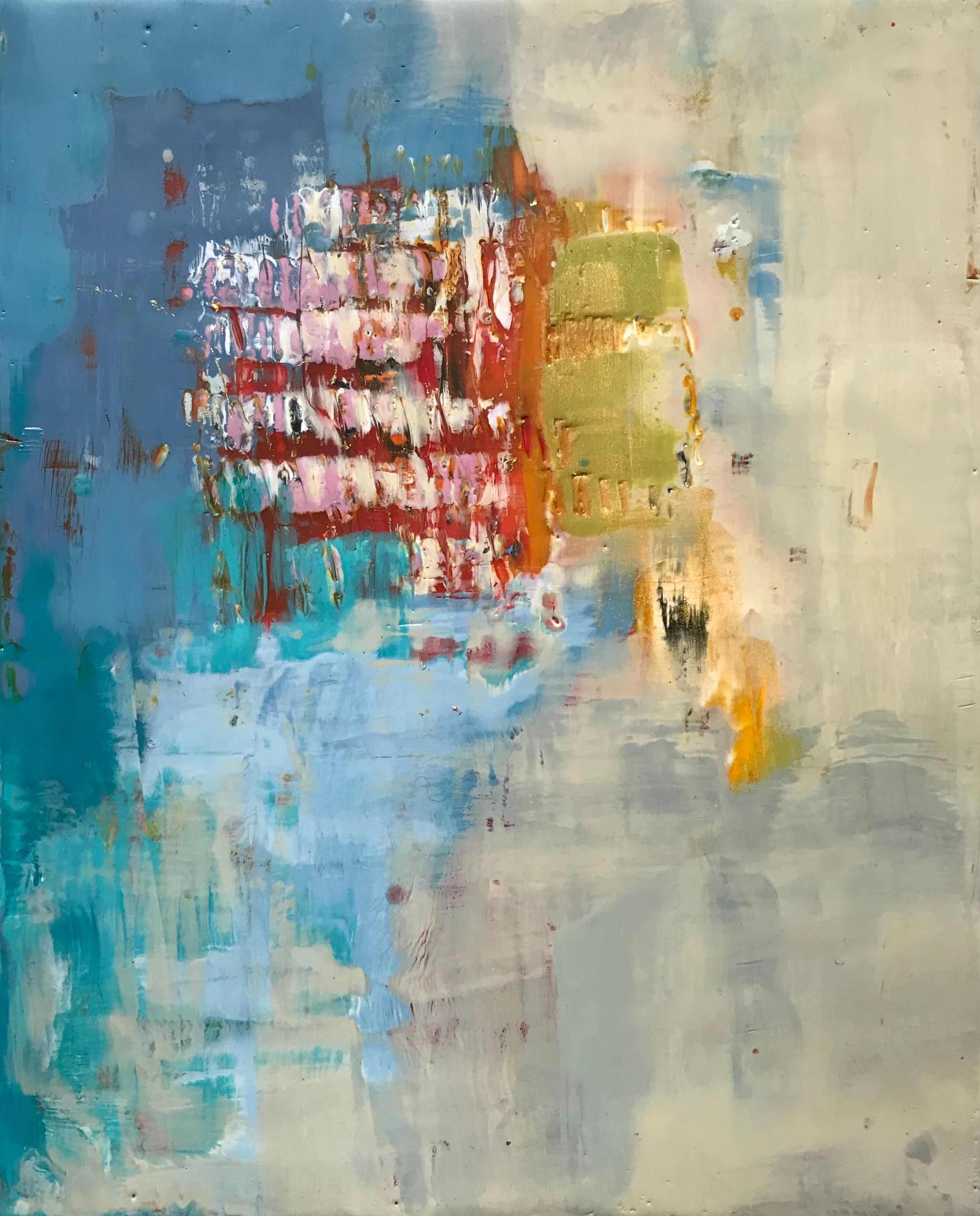 Lisa Pressman Abstract Painting - Navigating 15, blue and beige abstract encaustic work on board
