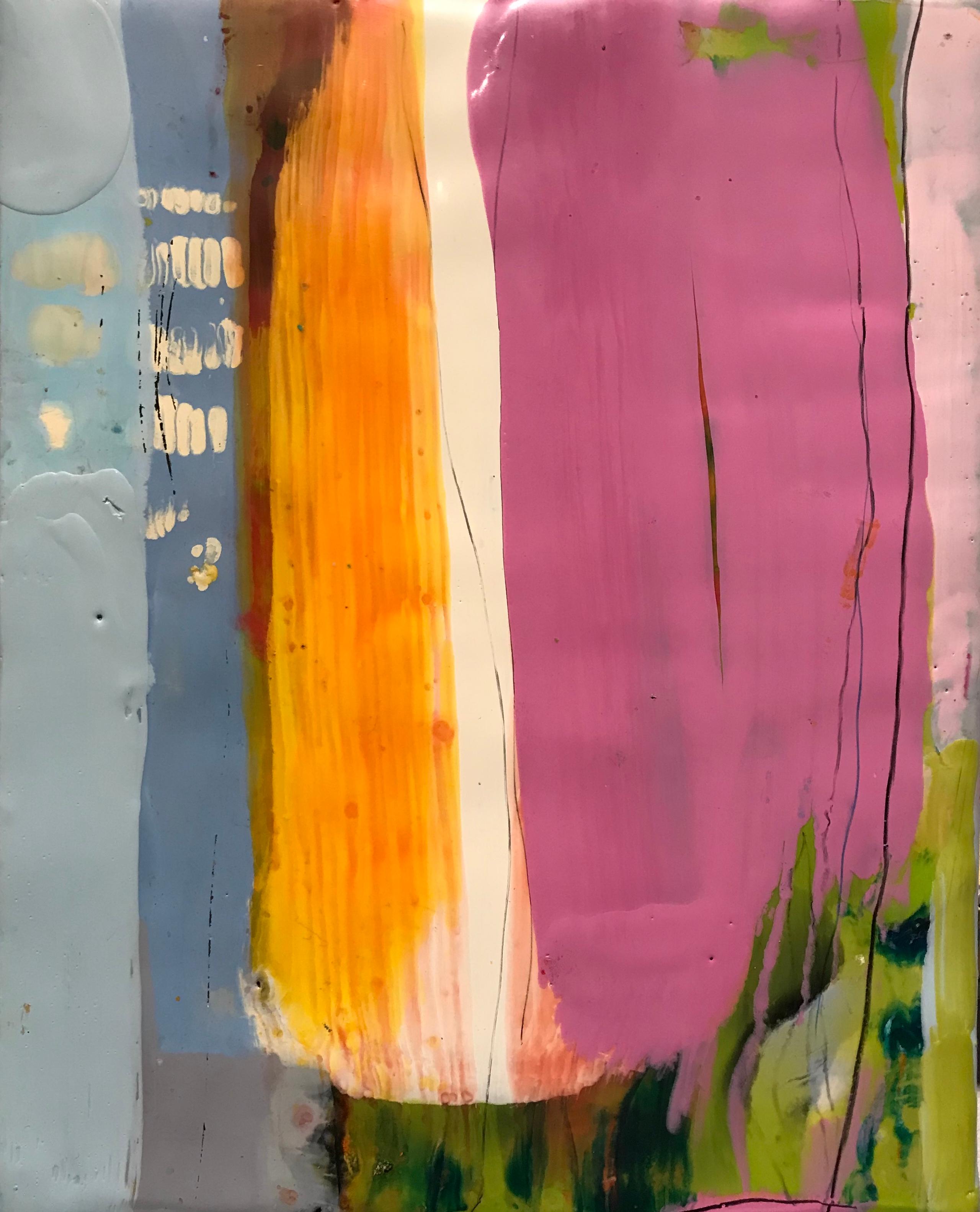 Navigating 2, pink, orange and blue abstract encaustic painting on board