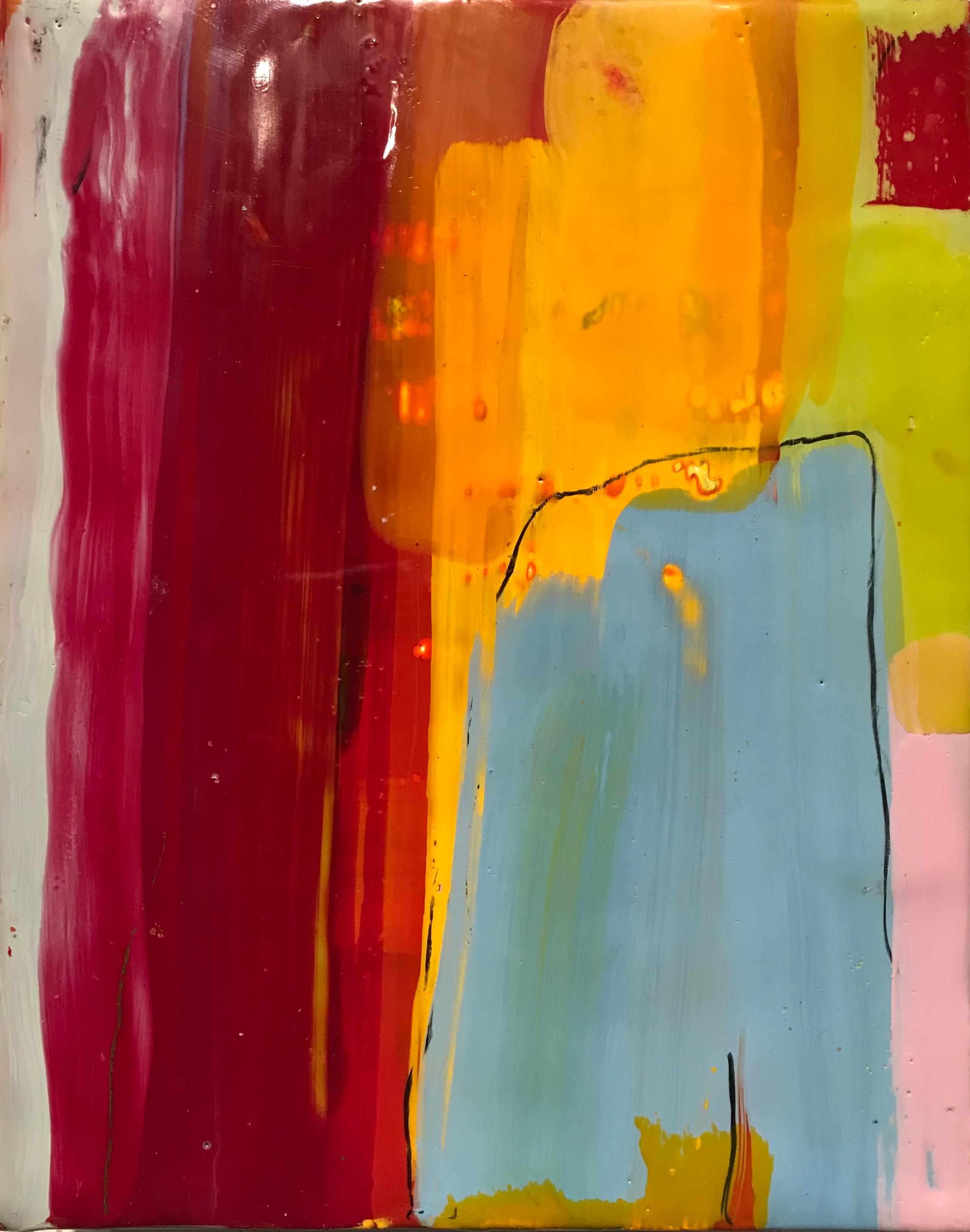 Lisa Pressman Abstract Painting - Navigating 6, red, yellow and blue abstract encaustic painting on board