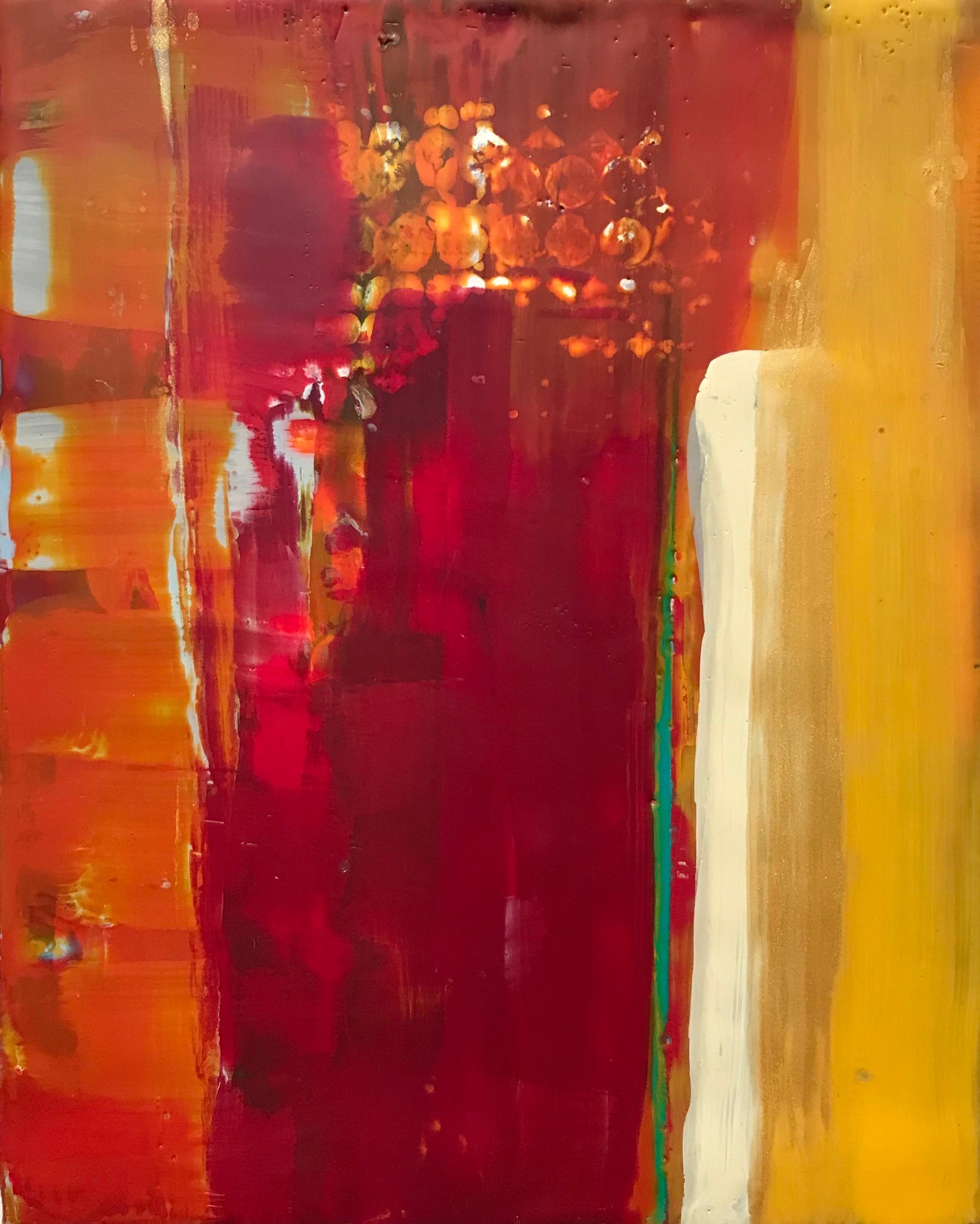 Lisa Pressman Abstract Painting - Navigating 9, red and orange abstract encaustic painting on board