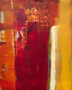 Navigating 9, red and orange abstract encaustic painting on board