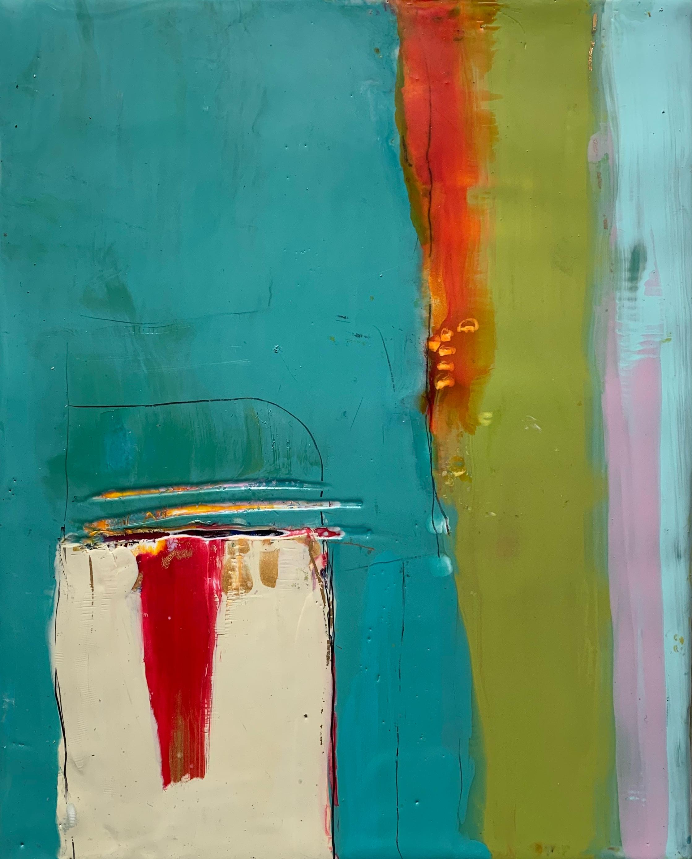 Lisa Pressman Abstract Painting - Navigation 2, bright green and blue abstract painting, encaustic on board