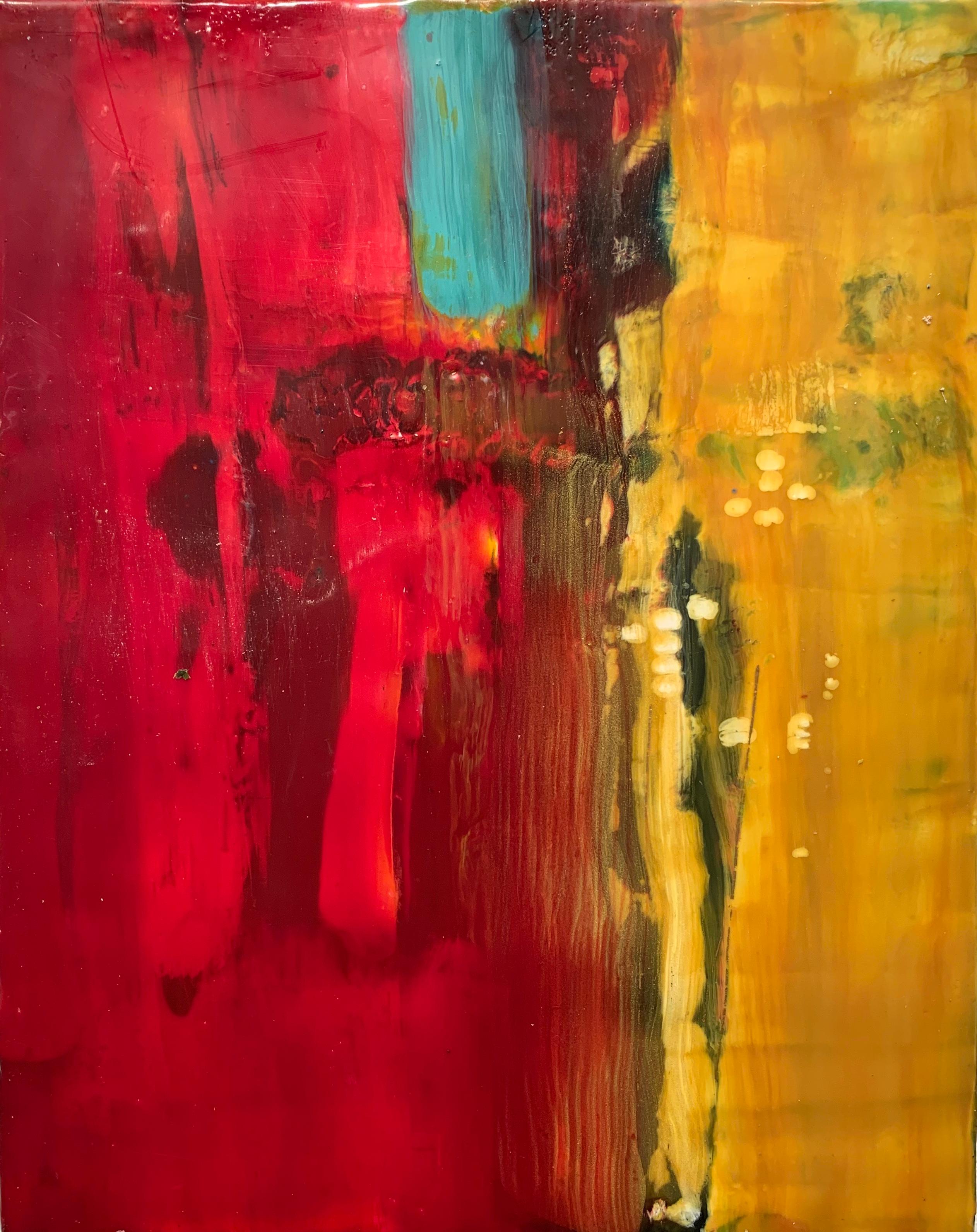 Lisa Pressman Abstract Painting - Navigation 6, bright red and yellow abstract painting, encaustic on board