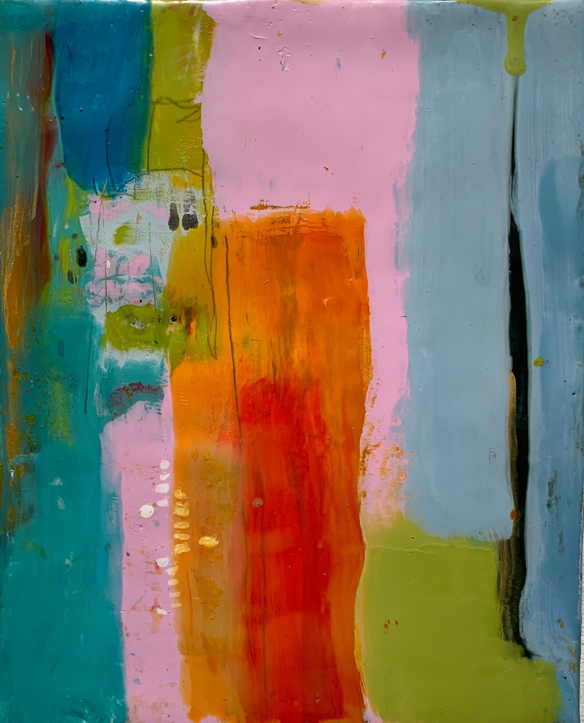 Navigation 7, bright multicolored abstract painting, encaustic on board
