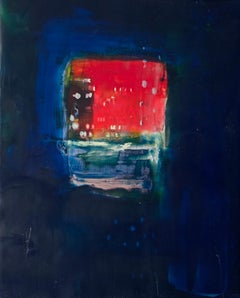 Navigation 8, abstract encaustic painting on board, navy and red