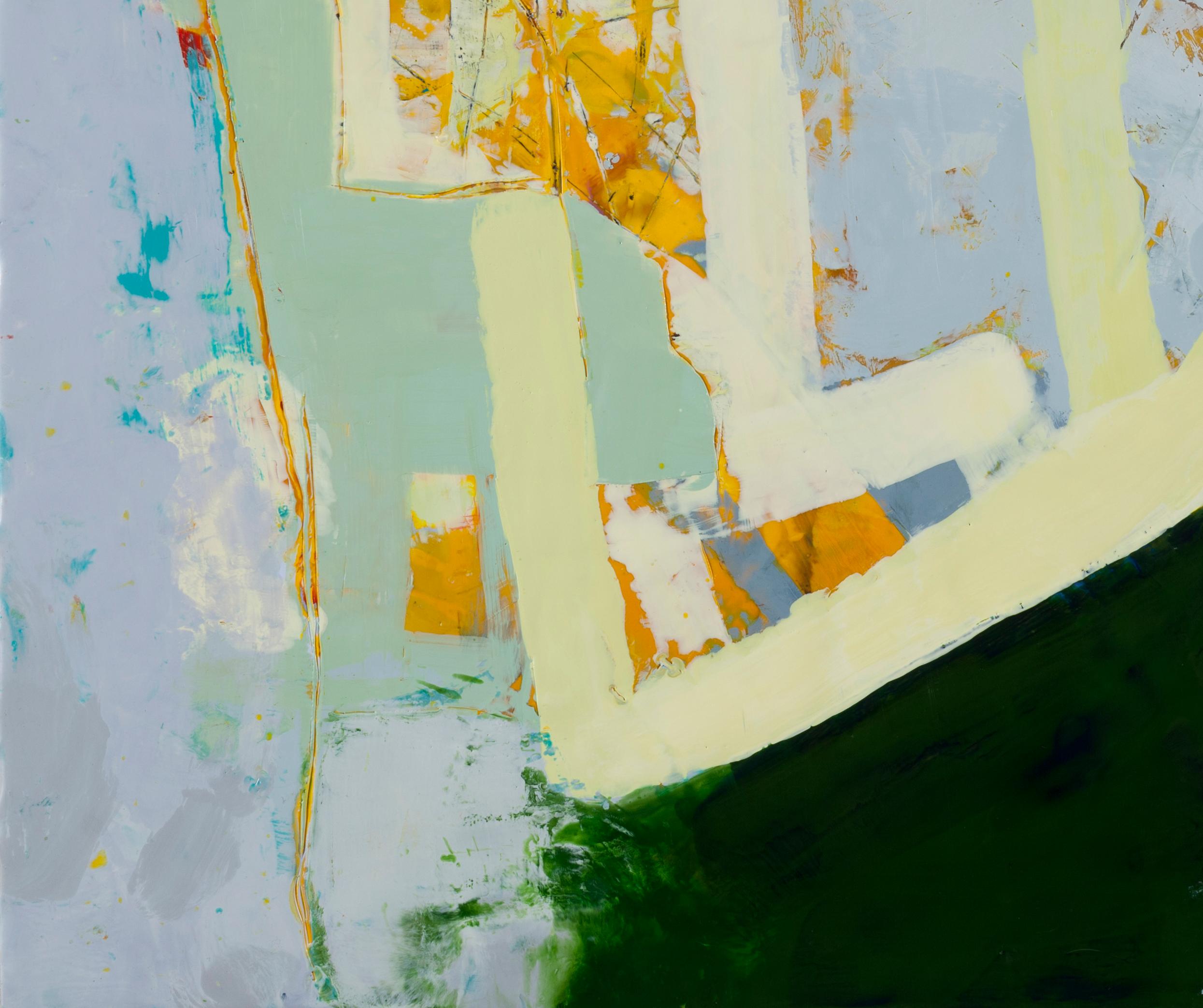 NYC Kind of Day, green and blue abstract encaustic work, 24 x 24 inches - Contemporary Painting by Lisa Pressman