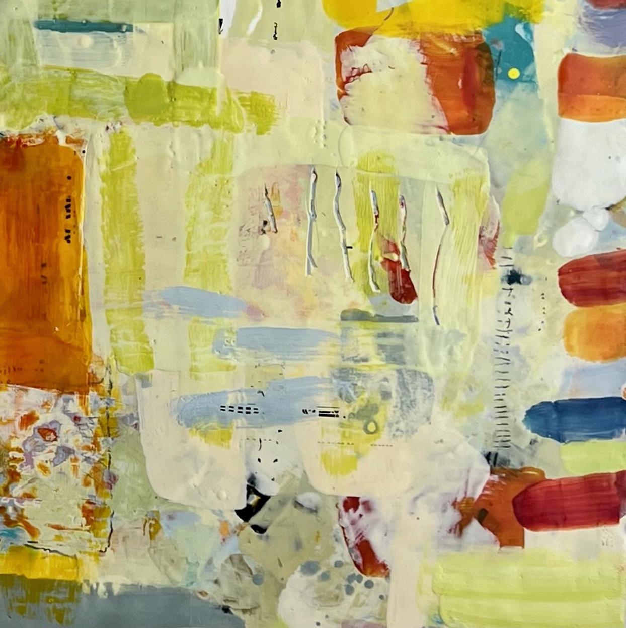 Spring, bright mulitcolored abstract encaustic painting on board - Painting by Lisa Pressman