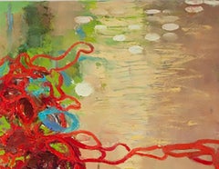 The Journey (abstract, oil on board, red, green, neutral, lyrical, texture)
