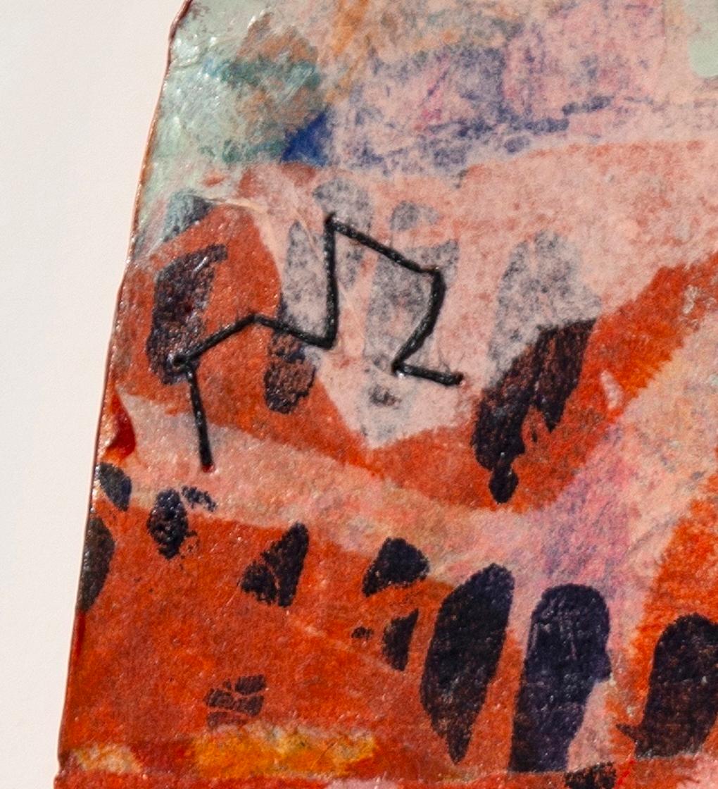 SIGNED ON BACK.  Lisa Pressman’s Shape of Memory series transforms cardboard, thread, smoke, and Letraset into evocative wall-mounted works that recall ancient relics or worn book covers. Each shaped panel floats about an inch off the wall, often