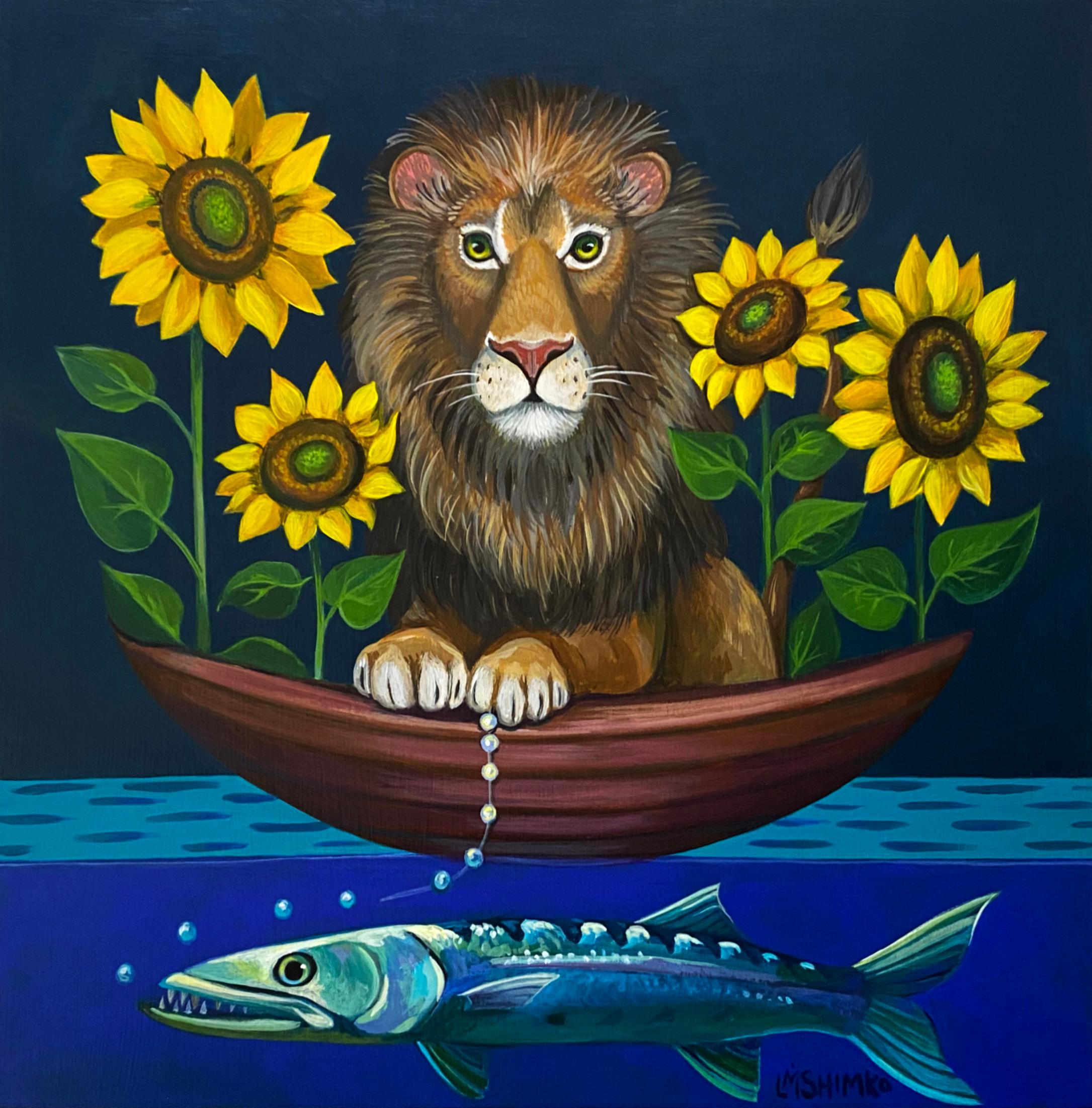 Lisa Shimko Animal Painting - Lion Sunflower Ballast
