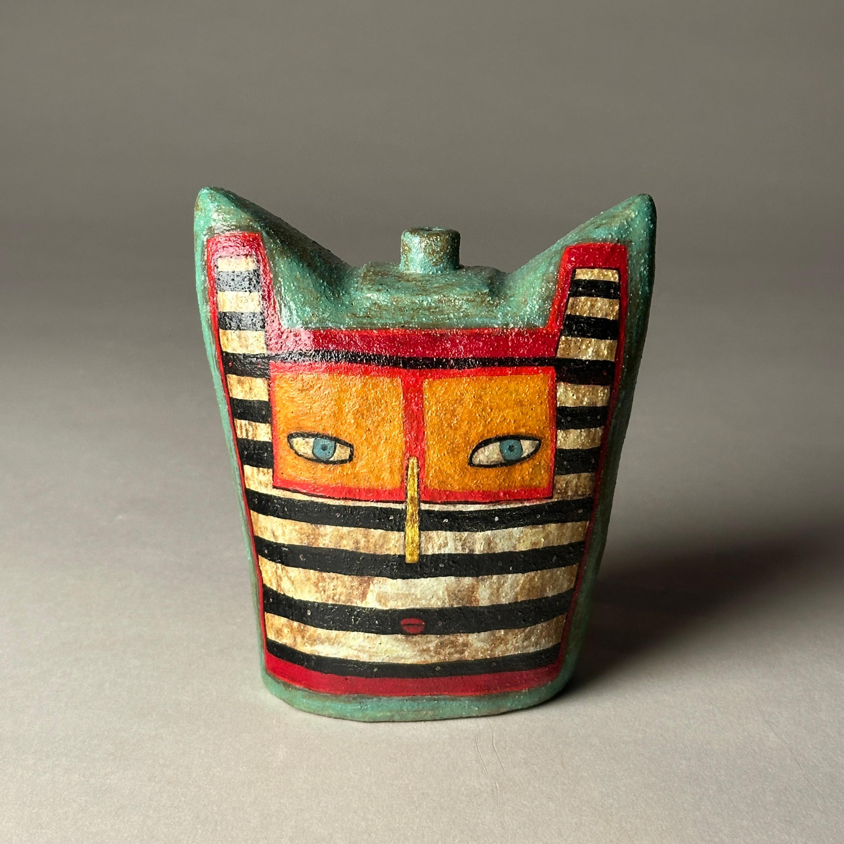 "Face Jar 40" - Scultura in ceramica, stile folk, alta 5", anni 2010