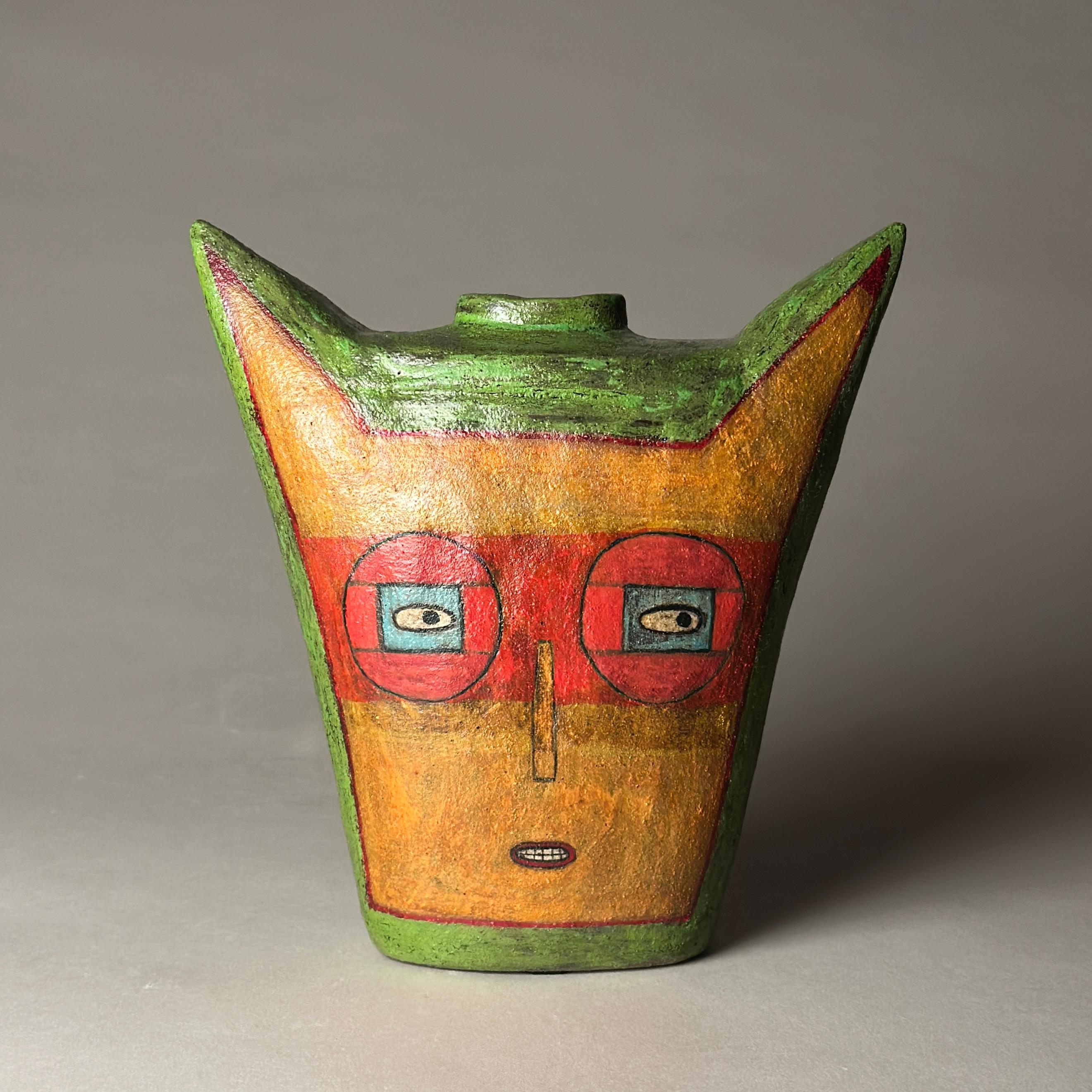 Lisa Smith Figurative Sculpture - Face Jar 43 Ceramic Sculpture, Folk Art, 2010s, 8\" Tall