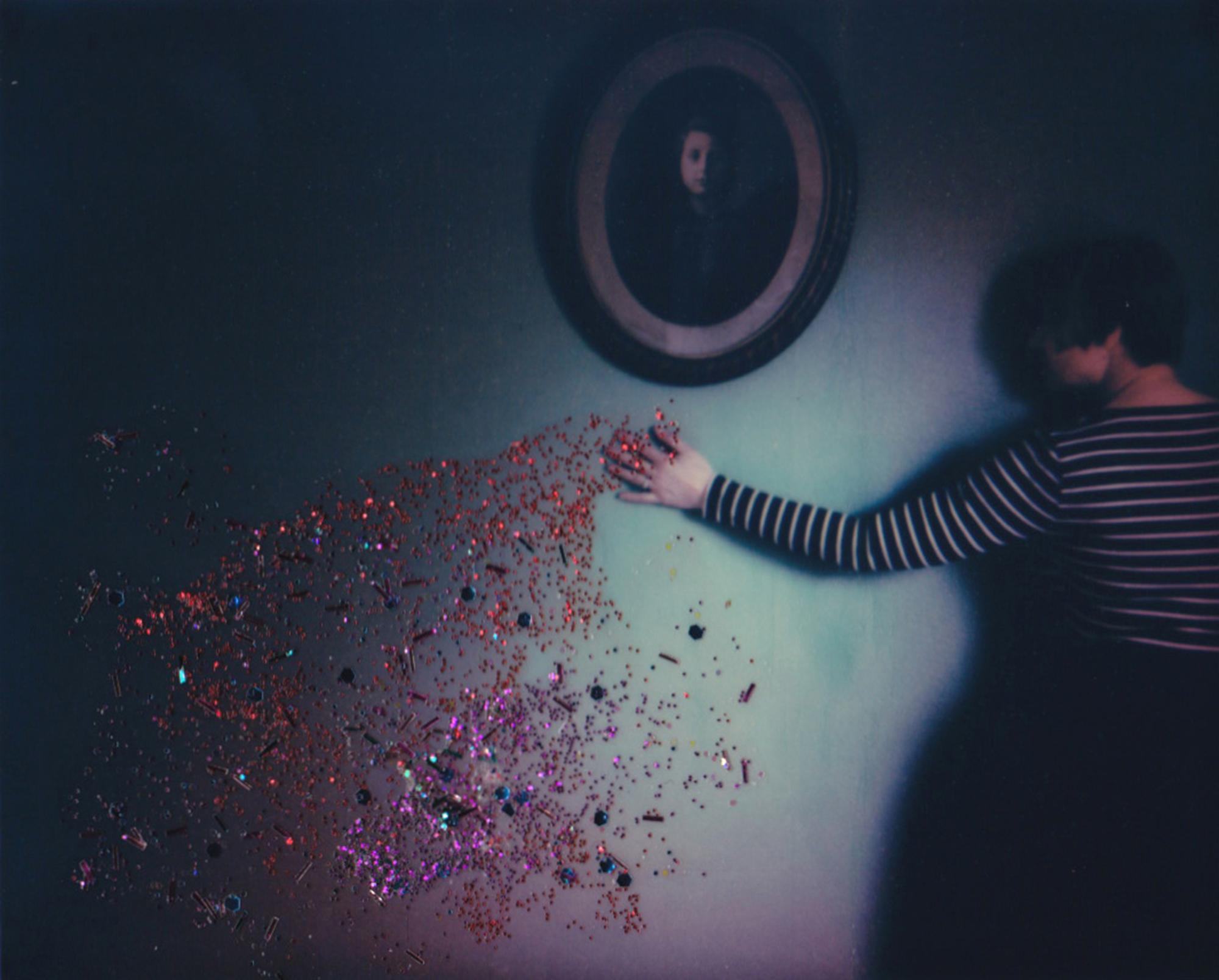 Lisa Toboz Color Photograph - Self-Distancing - Contemporary, Woman, Polaroid, Painting, flowers